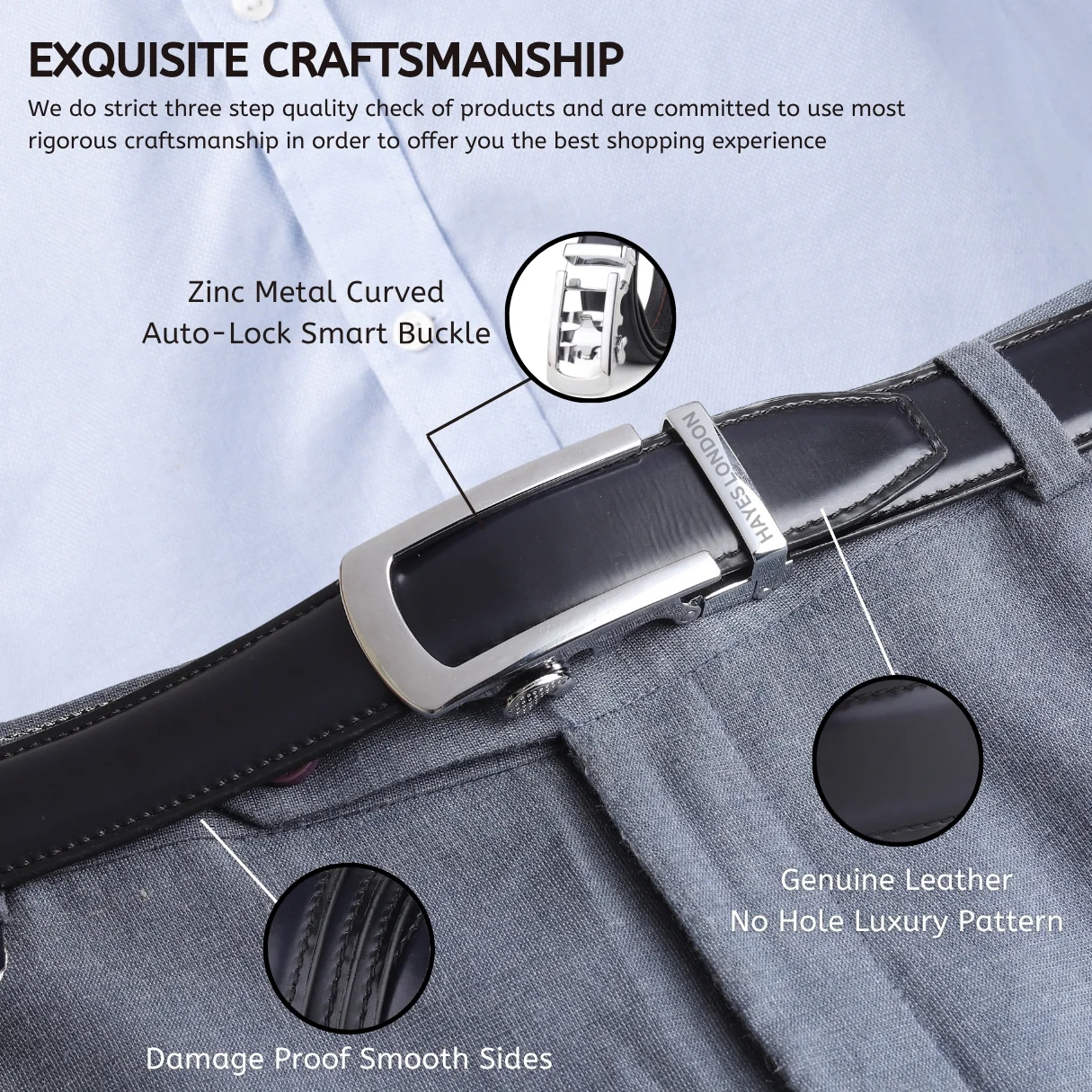 Nova Auto-Lock No-Hole Genuine Leather Belt for Men – Micro-adjustable Smart Belt for Formal & Casual Wear (Plain Black) - Image 3