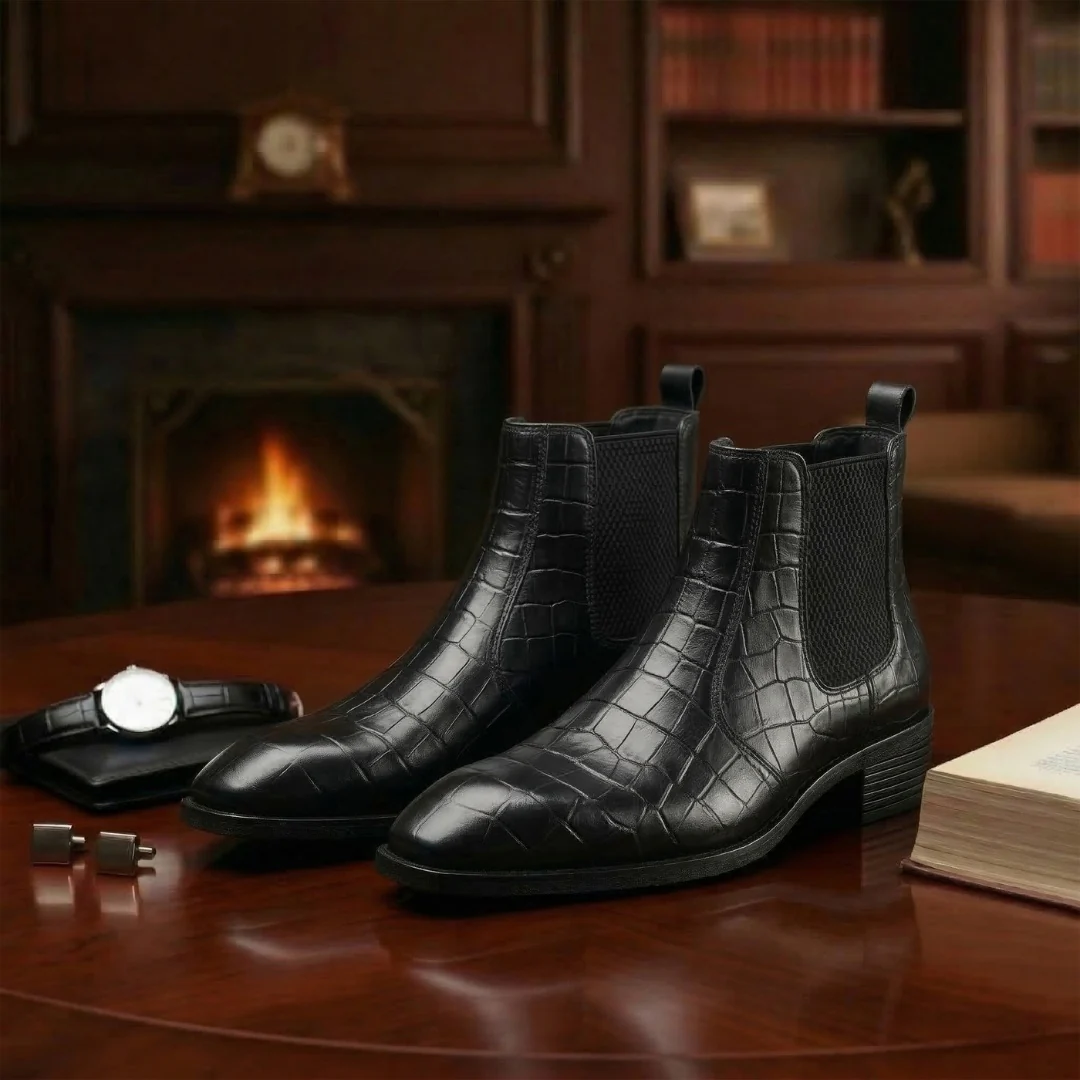Pablo Cuban Chelsea Boots – Black Croc-Textured Genuine Leather Men’s Boots - Image 15