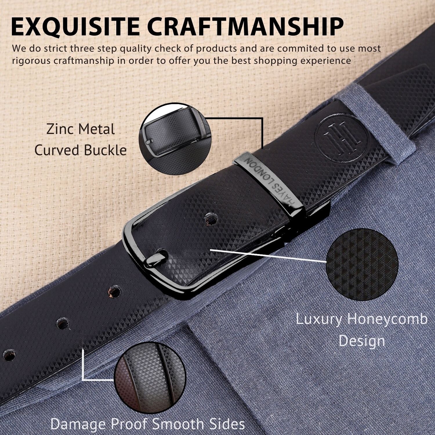 Reversible Black & Brown Vegan Leather Belt For Men (Leather Texture: Honeycomb) - Image 4
