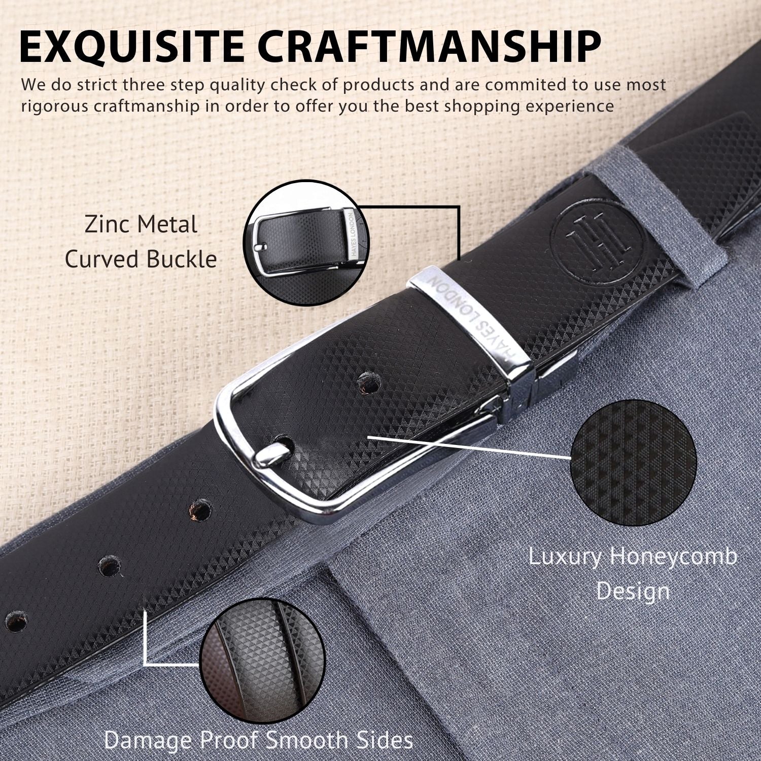 Reversible Black & Brown Vegan Leather Belt For Men (Leather Texture: Honeycomb) - Image 4