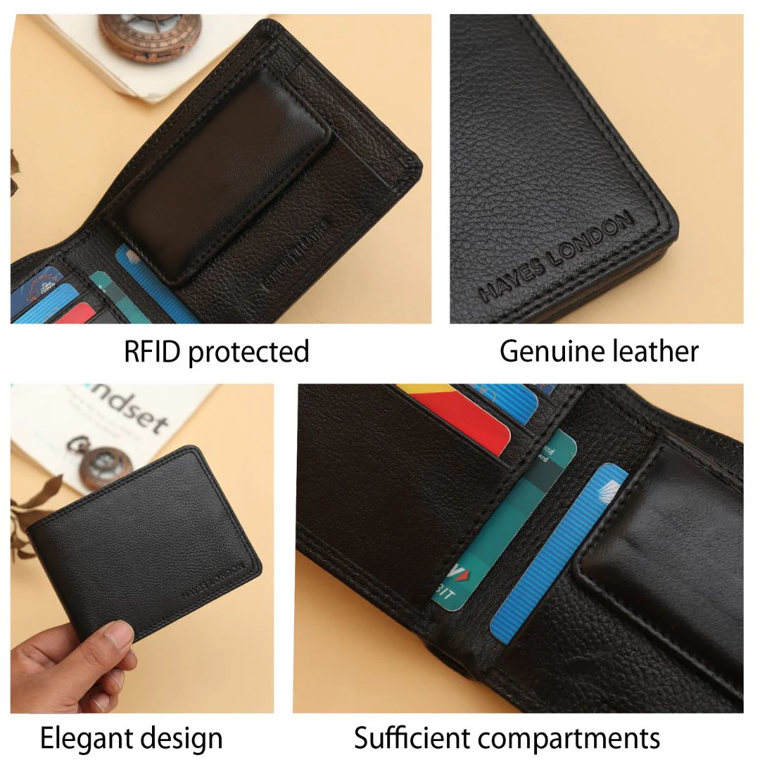 Signature Black Genuine Leather Textured Wallet for Men - RFID Blocking, Slim Bifold Wallet with 8 Compartments - Image 4