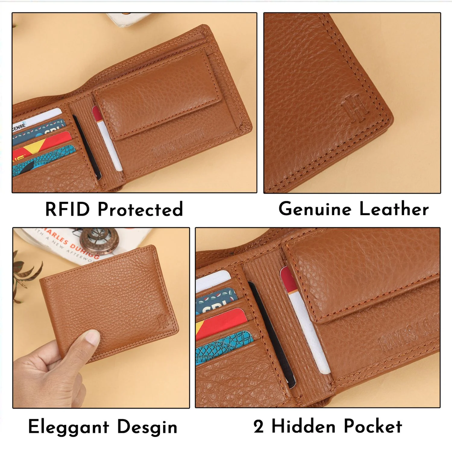 Signature Tan Genuine Leather Textured Wallet for Men - RFID Blocking, Slim Bifold Wallet with 8 Compartments - Image 4