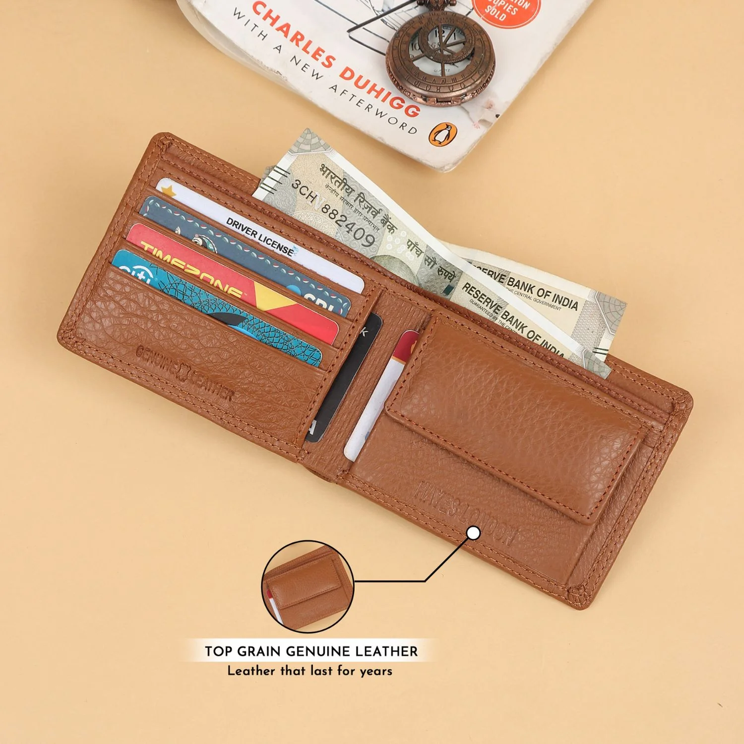 Signature Tan Genuine Leather Textured Wallet for Men - RFID Blocking, Slim Bifold Wallet with 8 Compartments - Image 6