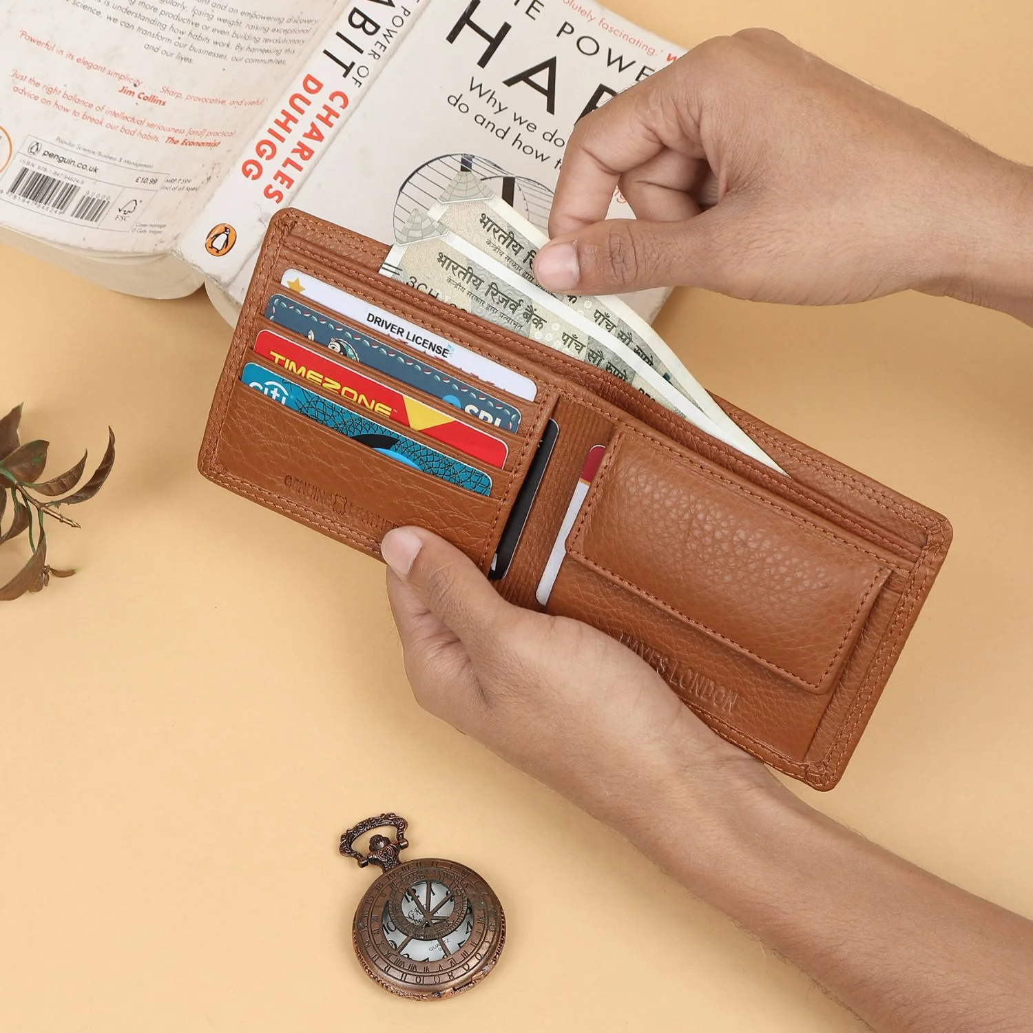 Signature Tan Genuine Leather Textured Wallet for Men - RFID Blocking, Slim Bifold Wallet with 8 Compartments - Image 7