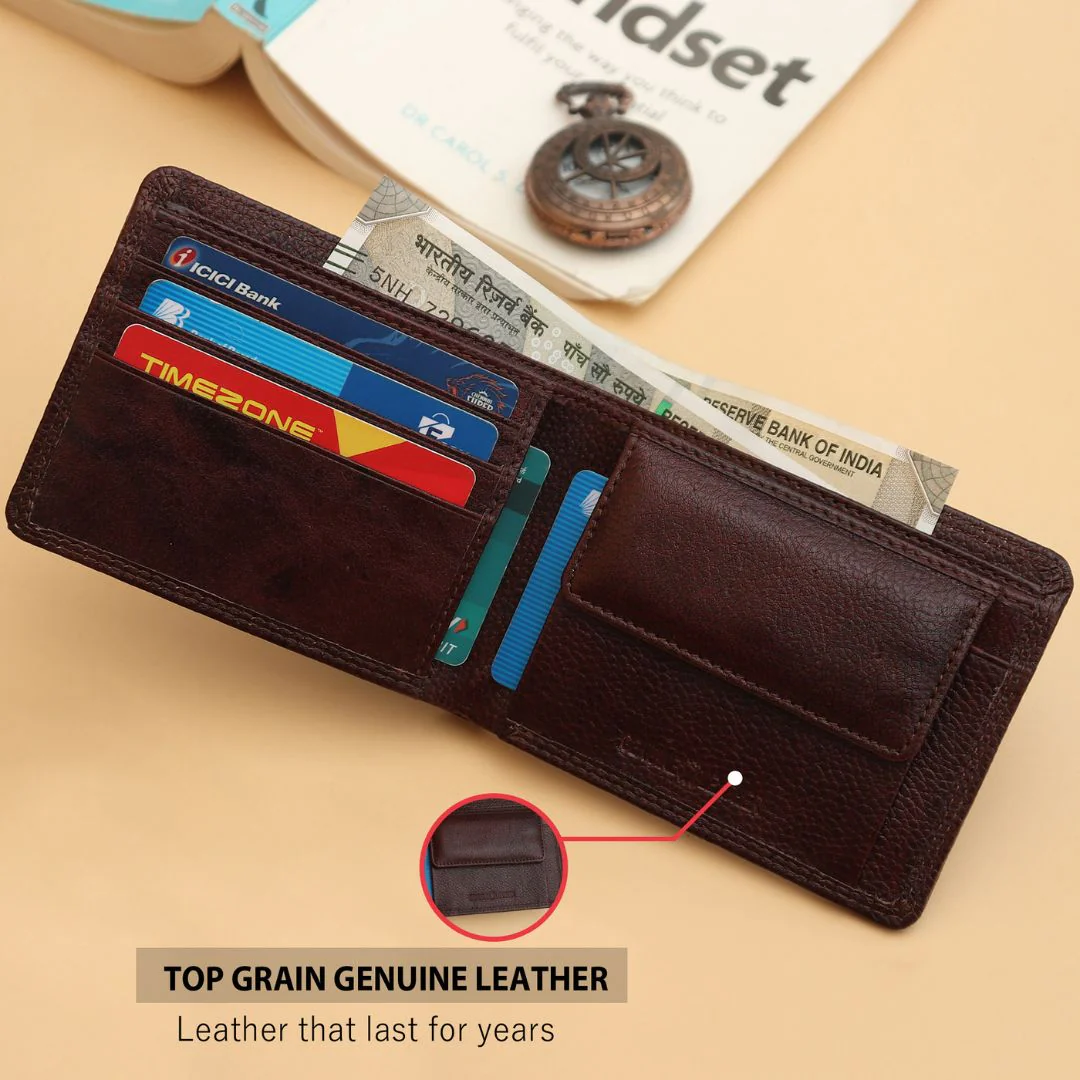 Signature Brown Genuine Leather Textured Wallet for Men - RFID Blocking, Slim Bifold Wallet with 8 Compartments - Image 6