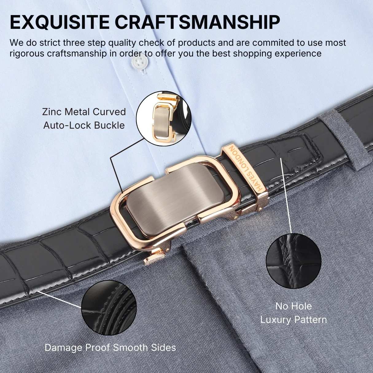 Sparta Auto-Lock No-Hole Genuine Leather Belt for Men – Micro-Adjustable Smart Ratchet Belt for Formal & Business Wear (Textured Black with Gold Buckle) - Image 10