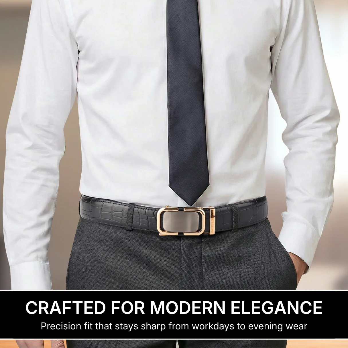 Sparta Auto-Lock No-Hole Genuine Leather Belt for Men – Micro-Adjustable Smart Ratchet Belt for Formal & Business Wear (Textured Black with Gold Buckle) - Image 3