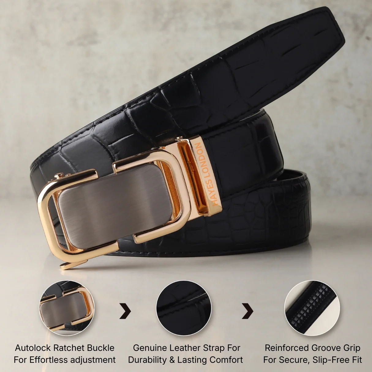 Sparta Auto-Lock No-Hole Genuine Leather Belt for Men – Micro-Adjustable Smart Ratchet Belt for Formal & Business Wear (Textured Black with Gold Buckle) - Image 4