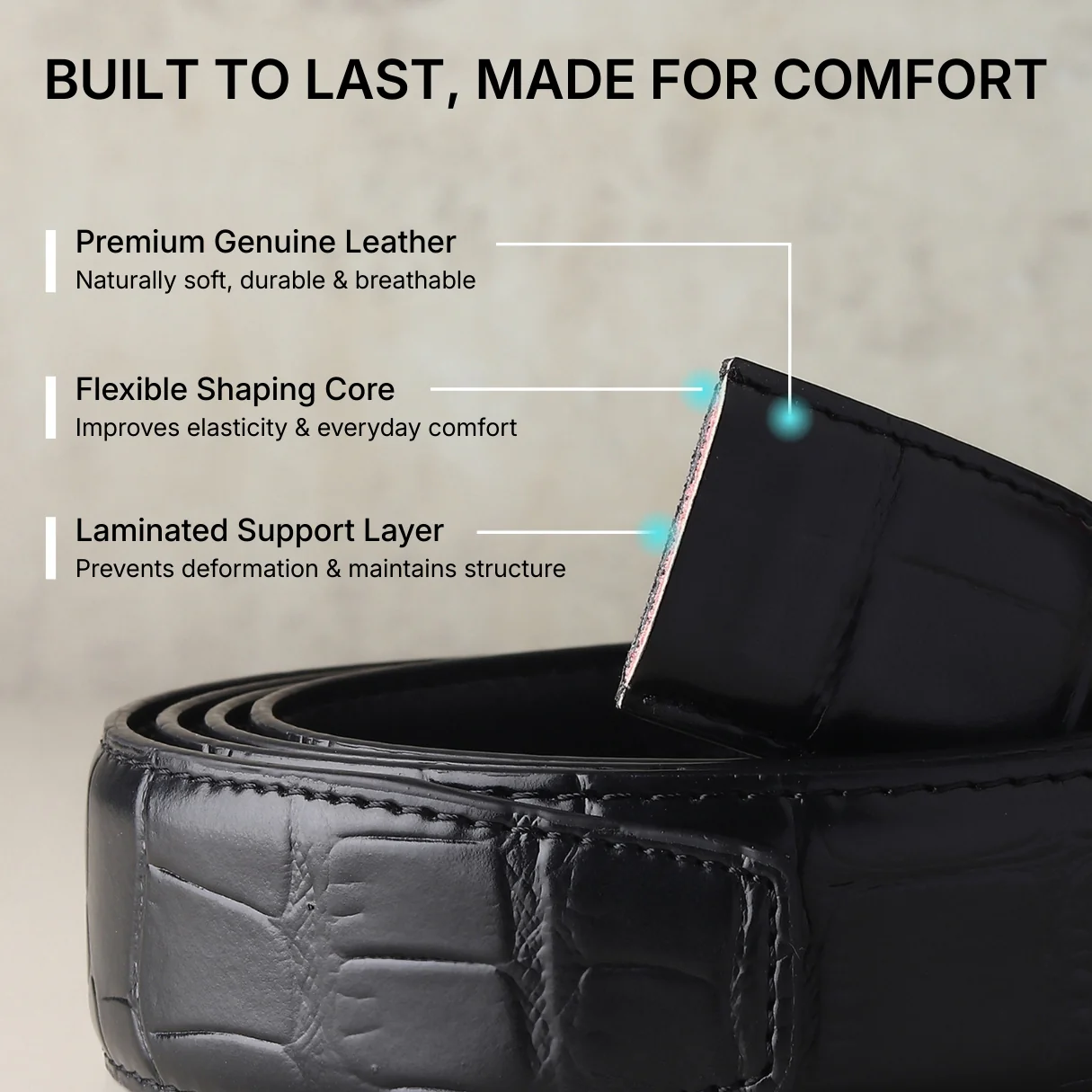 Sparta Auto-Lock No-Hole Genuine Leather Belt for Men – Micro-Adjustable Smart Ratchet Belt for Formal & Business Wear (Textured Black with Gold Buckle) - Image 6