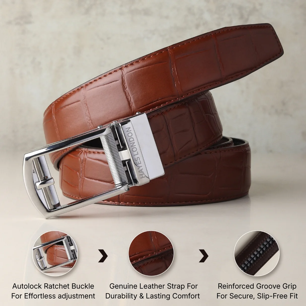 Sparta Silver Auto-Lock No-Hole Genuine Leather Belt for Men – Micro-Adjustable Smart Ratchet Belt for Formal & Business Wear (Textured Brown) - Image 4