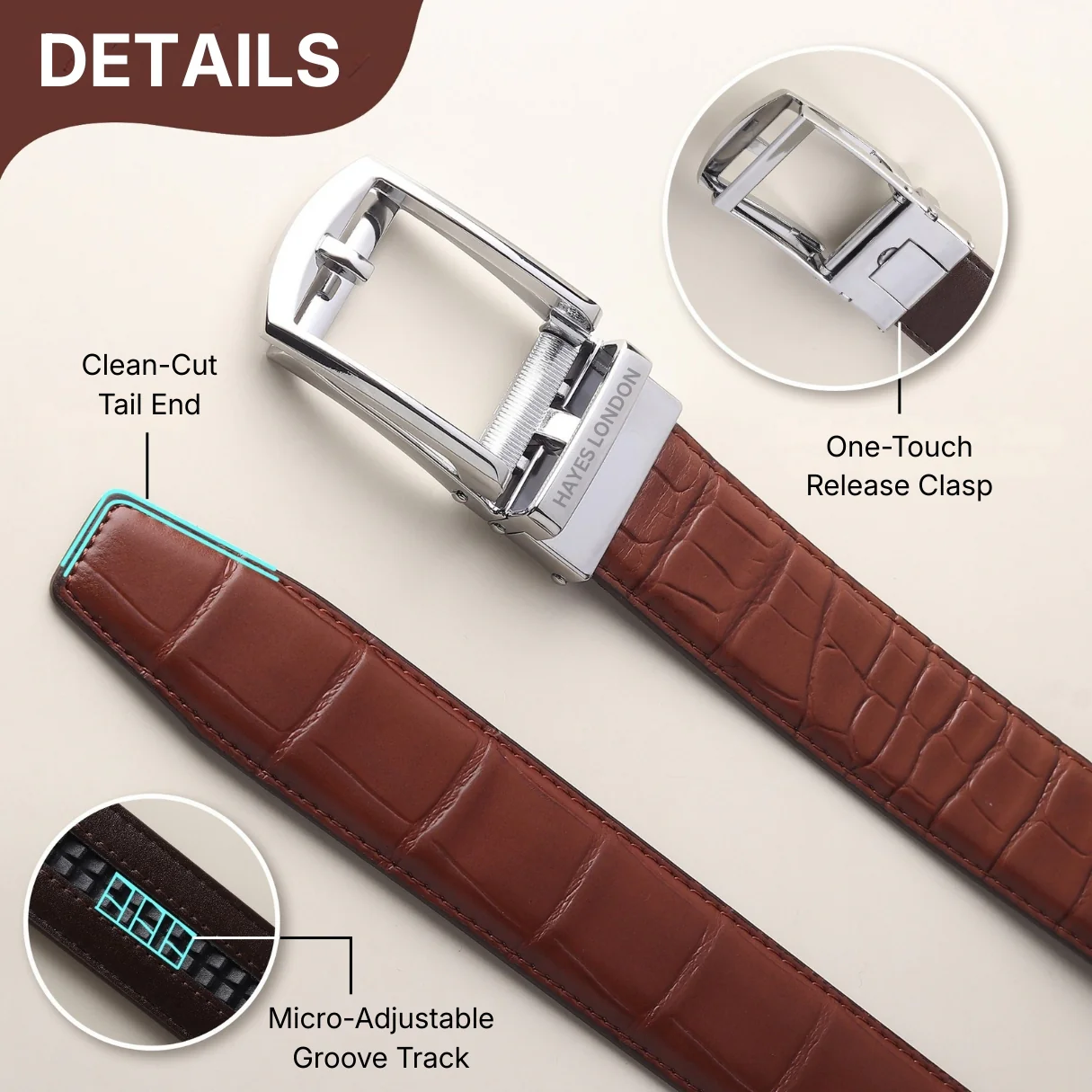 Sparta Silver Auto-Lock No-Hole Genuine Leather Belt for Men – Micro-Adjustable Smart Ratchet Belt for Formal & Business Wear (Textured Brown) - Image 5