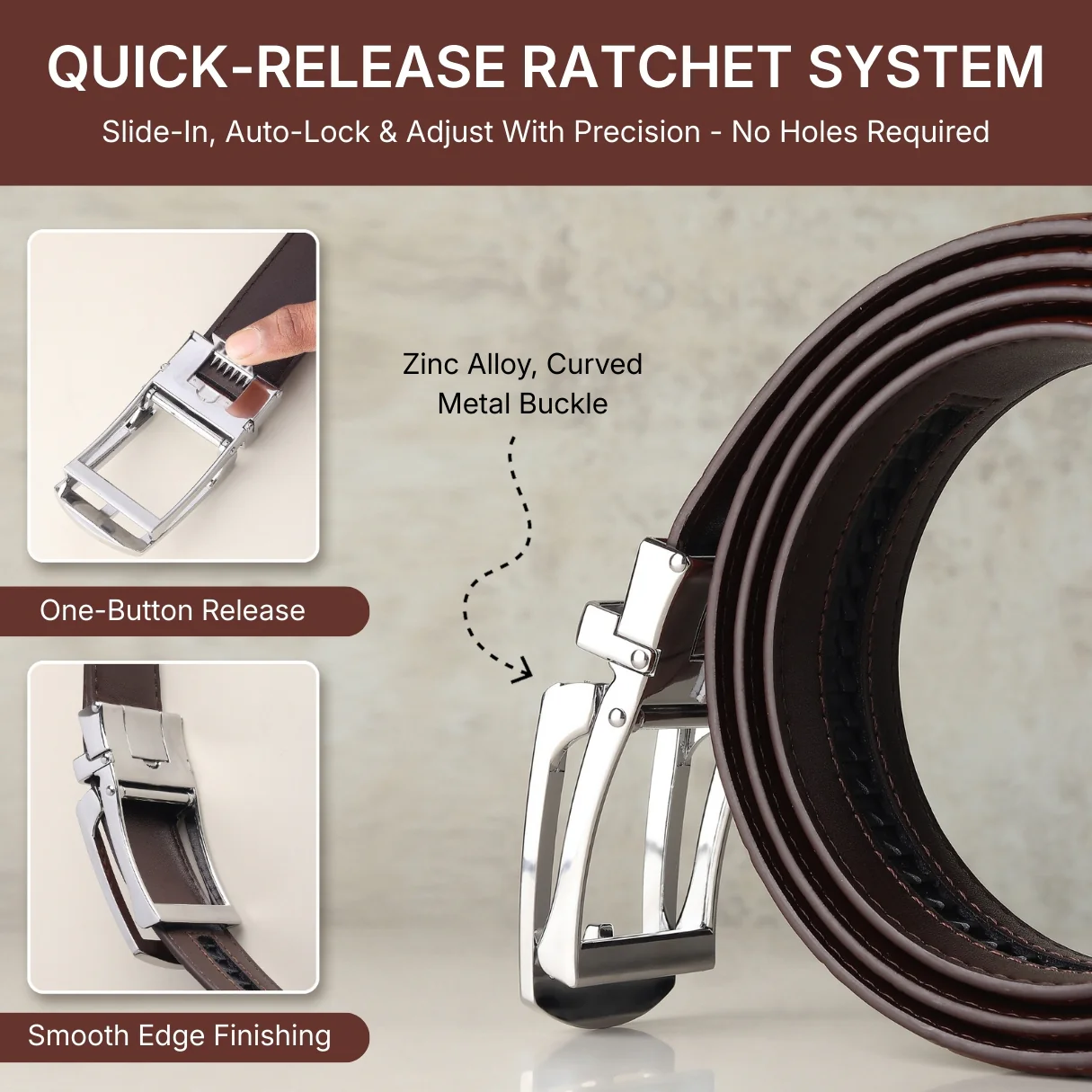 Sparta Silver Auto-Lock No-Hole Genuine Leather Belt for Men – Micro-Adjustable Smart Ratchet Belt for Formal & Business Wear (Textured Brown) - Image 7