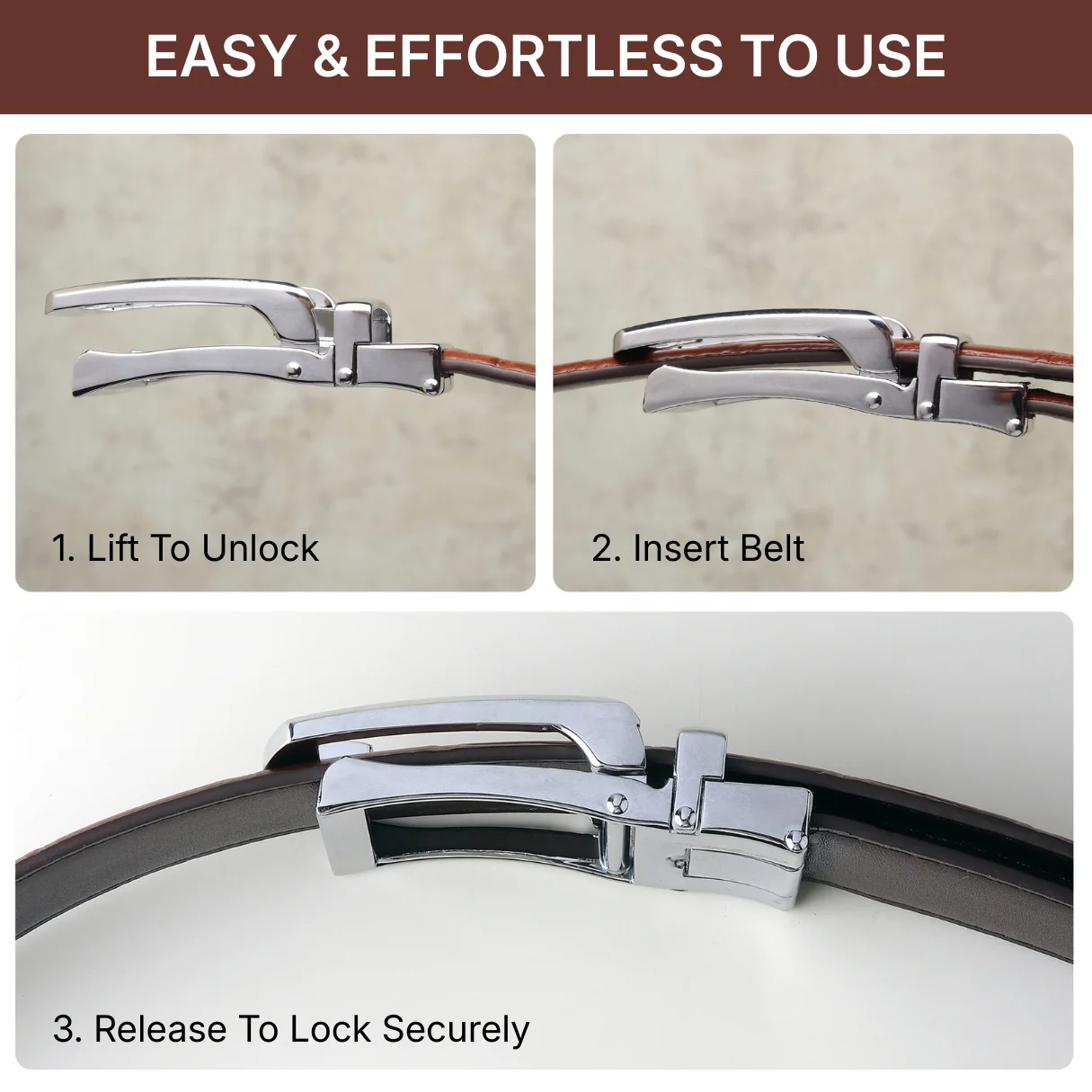 Sparta Silver Auto-Lock No-Hole Genuine Leather Belt for Men – Micro-Adjustable Smart Ratchet Belt for Formal & Business Wear (Textured Brown) - Image 9