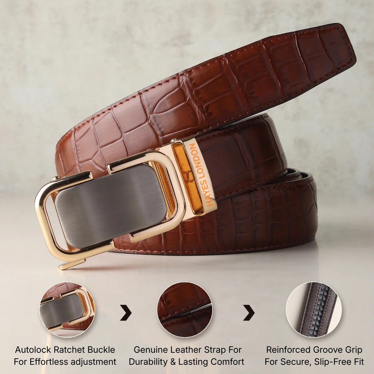 Sparta Auto-Lock No-Hole Genuine Leather Belt for Men – Micro-Adjustable Smart Ratchet Belt for Formal & Business Wear (Textured Brown with Gold Buckle) - Image 16