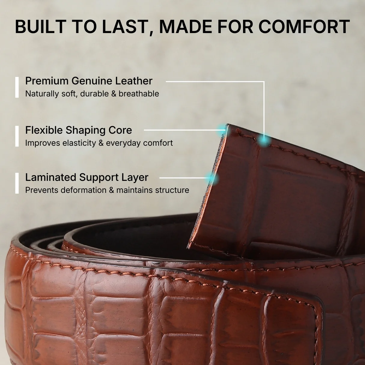Sparta Auto-Lock No-Hole Genuine Leather Belt for Men – Micro-Adjustable Smart Ratchet Belt for Formal & Business Wear (Textured Brown with Gold Buckle) - Image 18