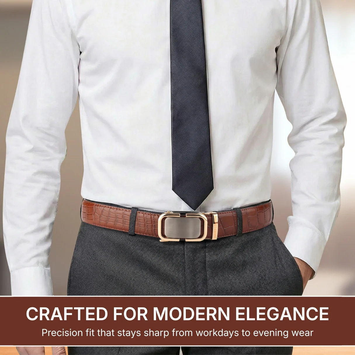 Sparta Auto-Lock No-Hole Genuine Leather Belt for Men – Micro-Adjustable Smart Ratchet Belt for Formal & Business Wear (Textured Brown with Gold Buckle) - Image 3