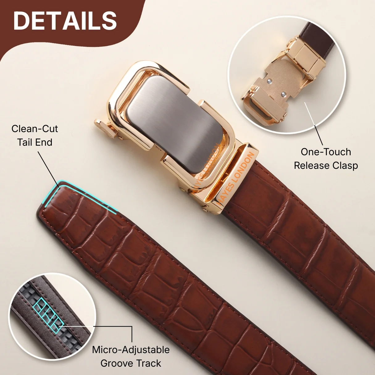 Sparta Auto-Lock No-Hole Genuine Leather Belt for Men – Micro-Adjustable Smart Ratchet Belt for Formal & Business Wear (Textured Brown with Gold Buckle) - Image 5