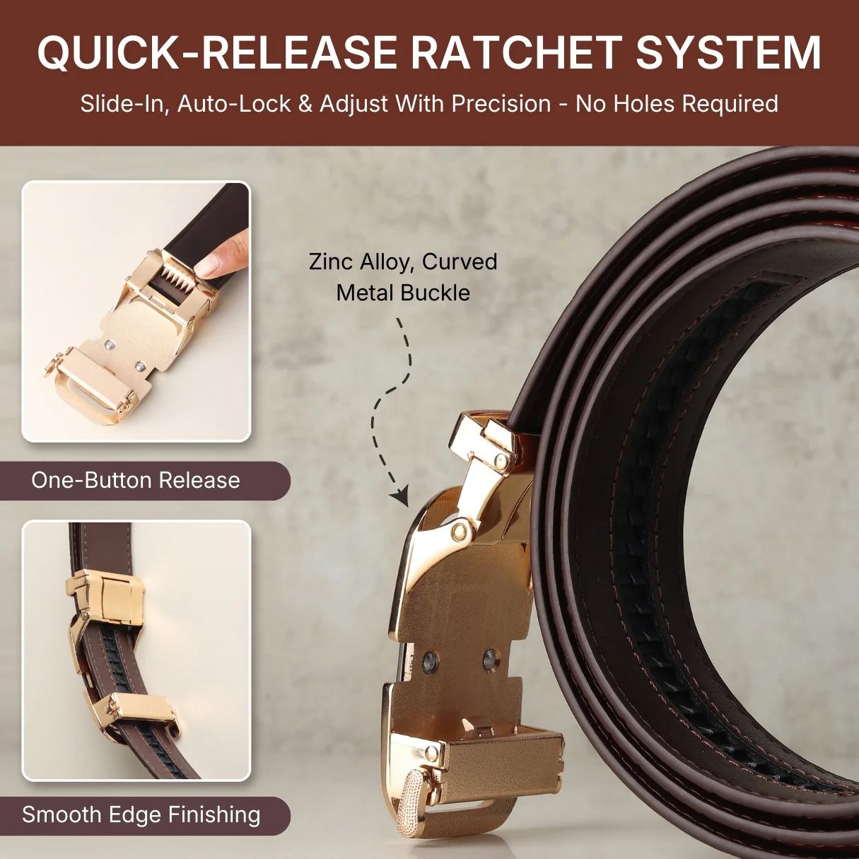 Sparta Auto-Lock No-Hole Genuine Leather Belt for Men – Micro-Adjustable Smart Ratchet Belt for Formal & Business Wear (Textured Brown with Gold Buckle) - Image 7