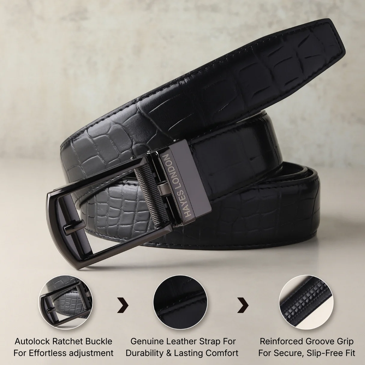 Sparta Grey Auto-Lock No-Hole Genuine Leather Belt for Men – Micro-Adjustable Smart Ratchet Belt for Formal, Office & Evening Wear (Textured Black) - Image 4