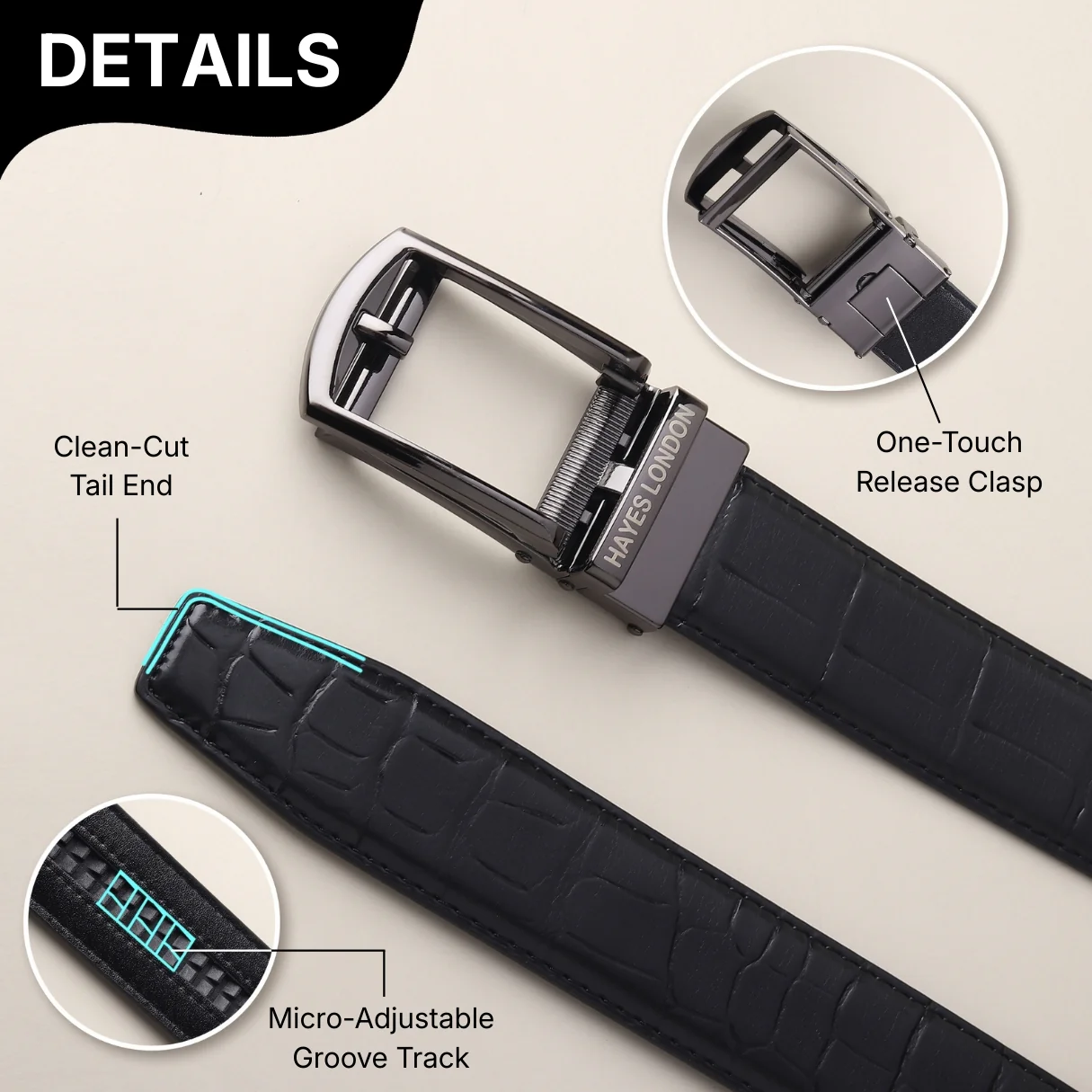 Sparta Grey Auto-Lock No-Hole Genuine Leather Belt for Men – Micro-Adjustable Smart Ratchet Belt for Formal, Office & Evening Wear (Textured Black) - Image 5
