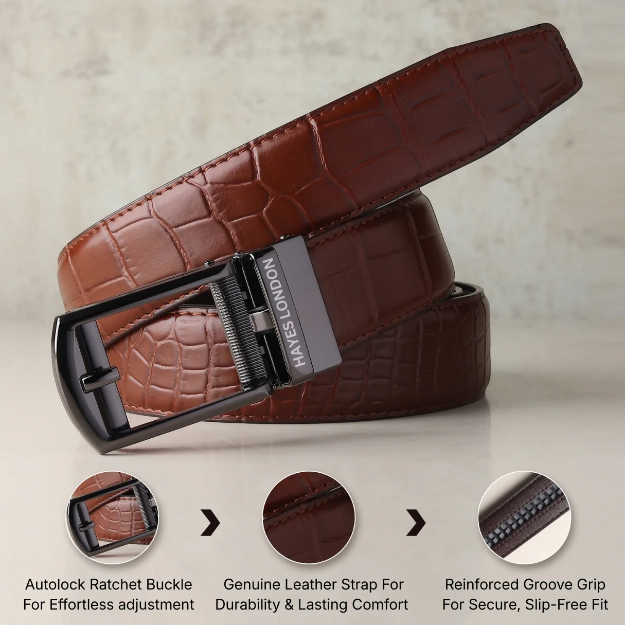 Sparta Grey Auto-Lock No-Hole Genuine Leather Belt for Men – Micro-Adjustable Smart Ratchet Belt for Formal, Office & Business Wear(Textured Brown) - Image 4