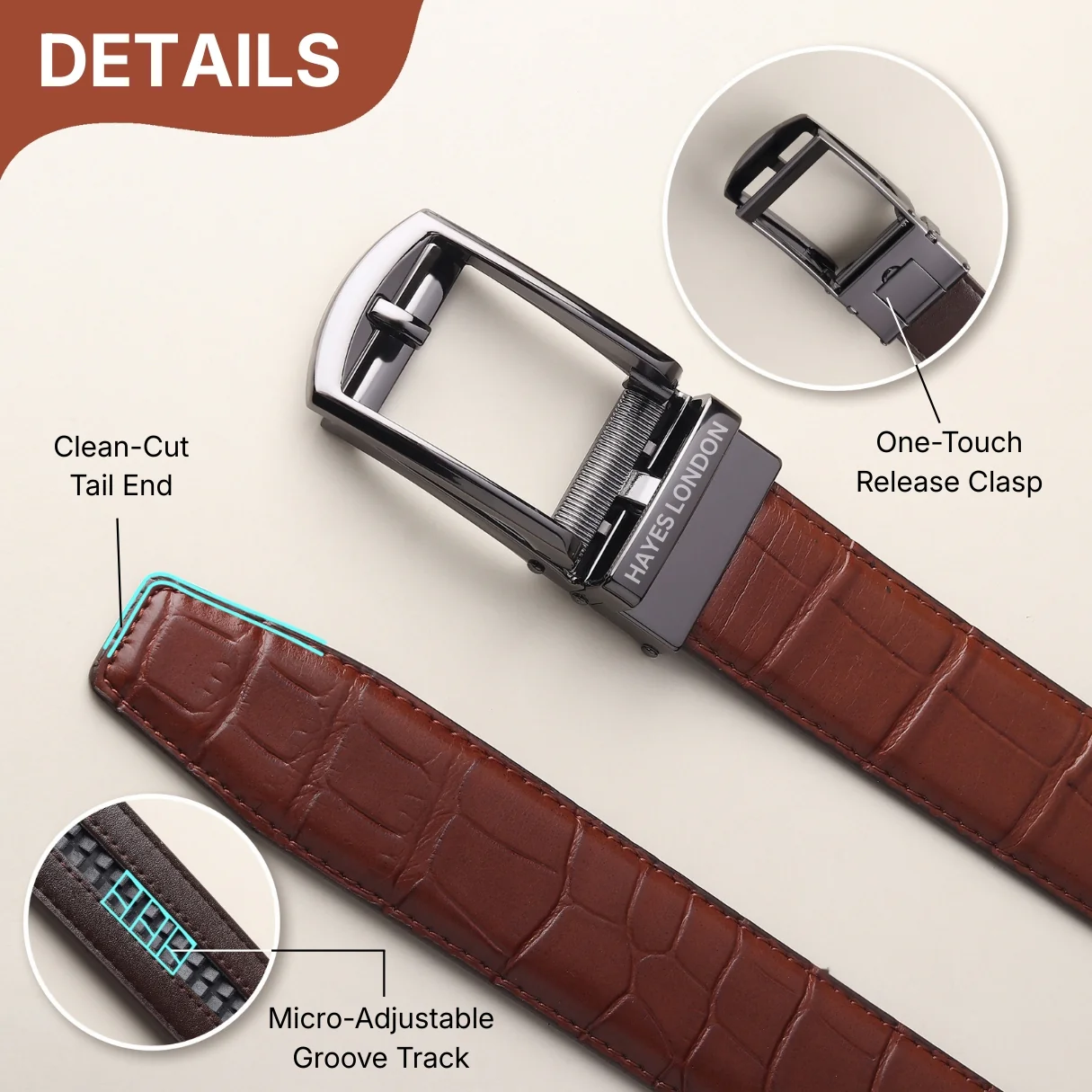 Sparta Grey Auto-Lock No-Hole Genuine Leather Belt for Men – Micro-Adjustable Smart Ratchet Belt for Formal, Office & Business Wear(Textured Brown) - Image 5