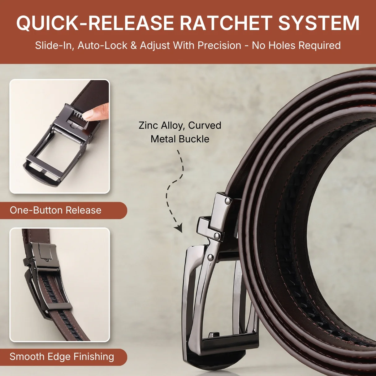 Sparta Grey Auto-Lock No-Hole Genuine Leather Belt for Men – Micro-Adjustable Smart Ratchet Belt for Formal, Office & Business Wear(Textured Brown) - Image 7