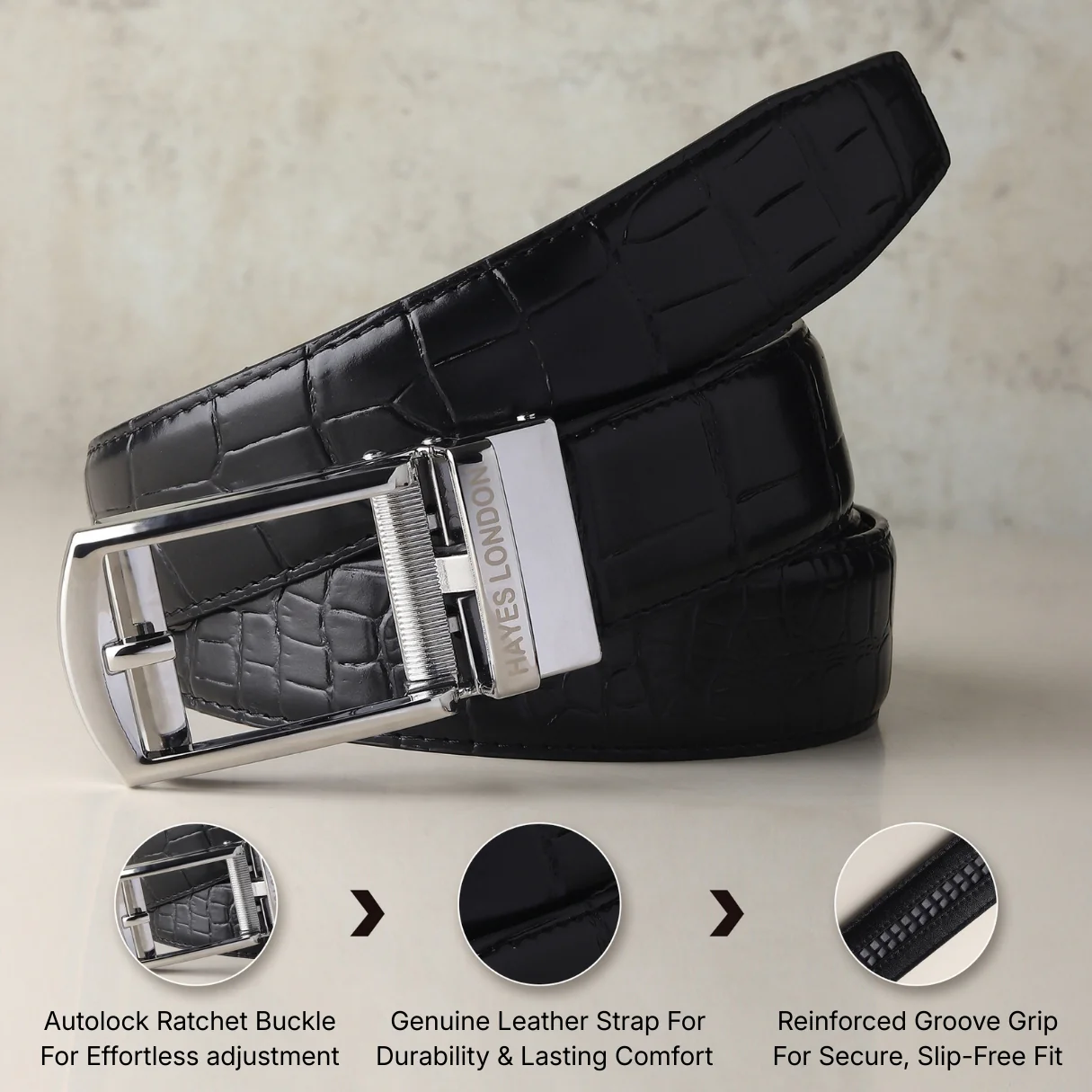 Sparta Silver Auto-Lock No-Hole Genuine Leather Belt for Men – Micro-Adjustable Smart Ratchet Belt for Formal & Business Wear (Textured Black) - Image 4
