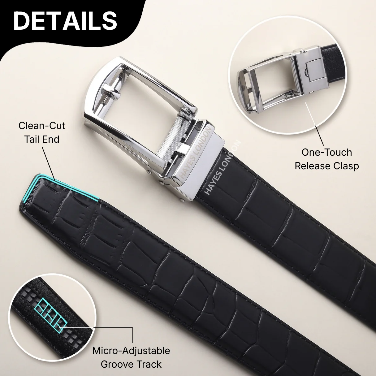 Sparta Silver Auto-Lock No-Hole Genuine Leather Belt for Men – Micro-Adjustable Smart Ratchet Belt for Formal & Business Wear (Textured Black) - Image 5