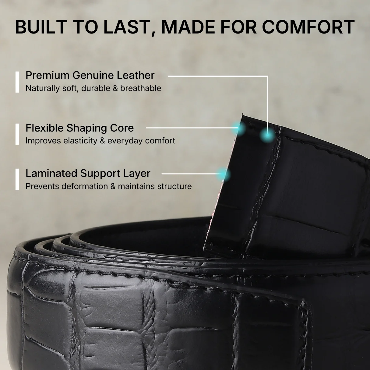Sparta Silver Auto-Lock No-Hole Genuine Leather Belt for Men – Micro-Adjustable Smart Ratchet Belt for Formal & Business Wear (Textured Black) - Image 6