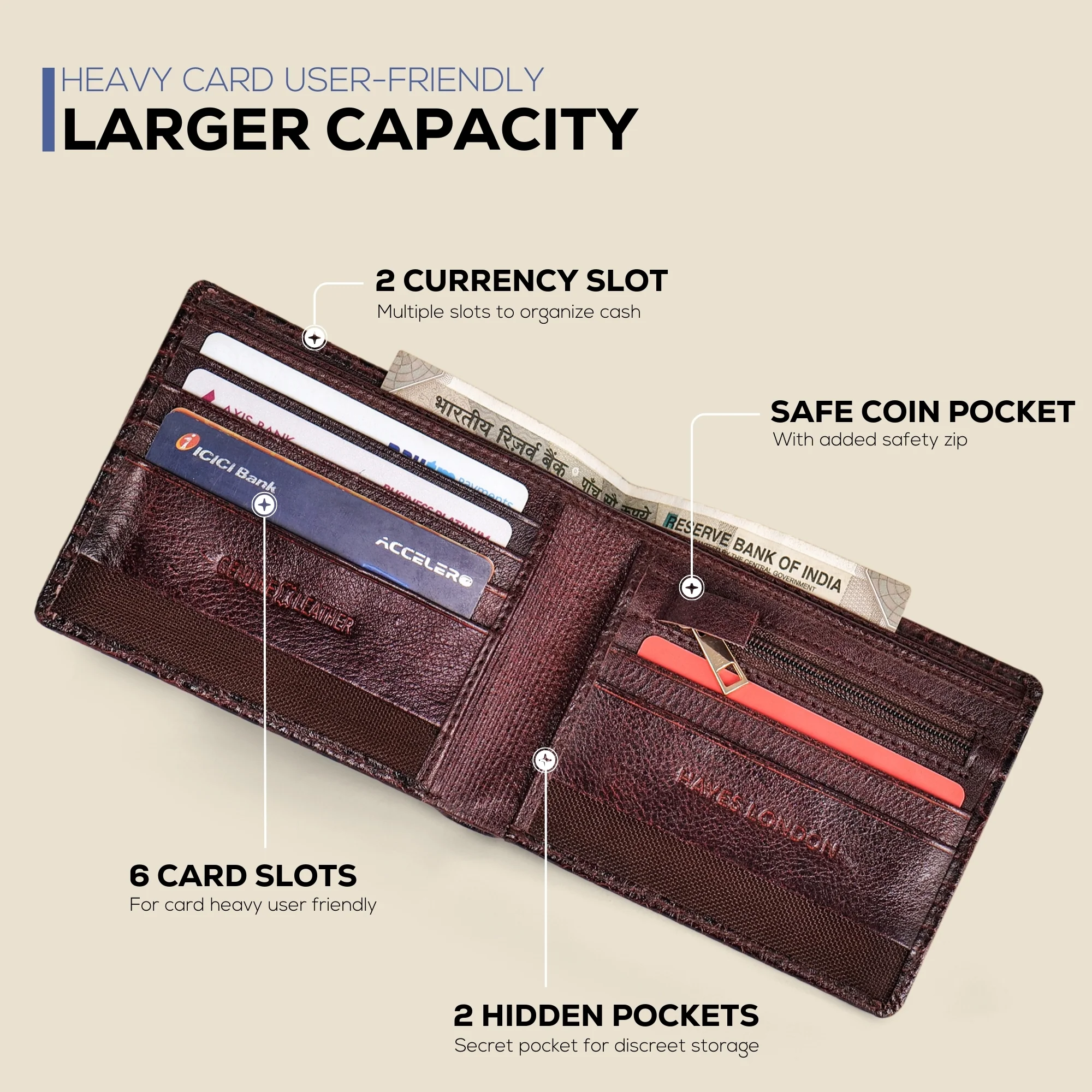 The Gator Brown Genuine Leather Wallet for Men – RFID Blocking, Original Bifold Wallet with 8 Compartments - Image 5