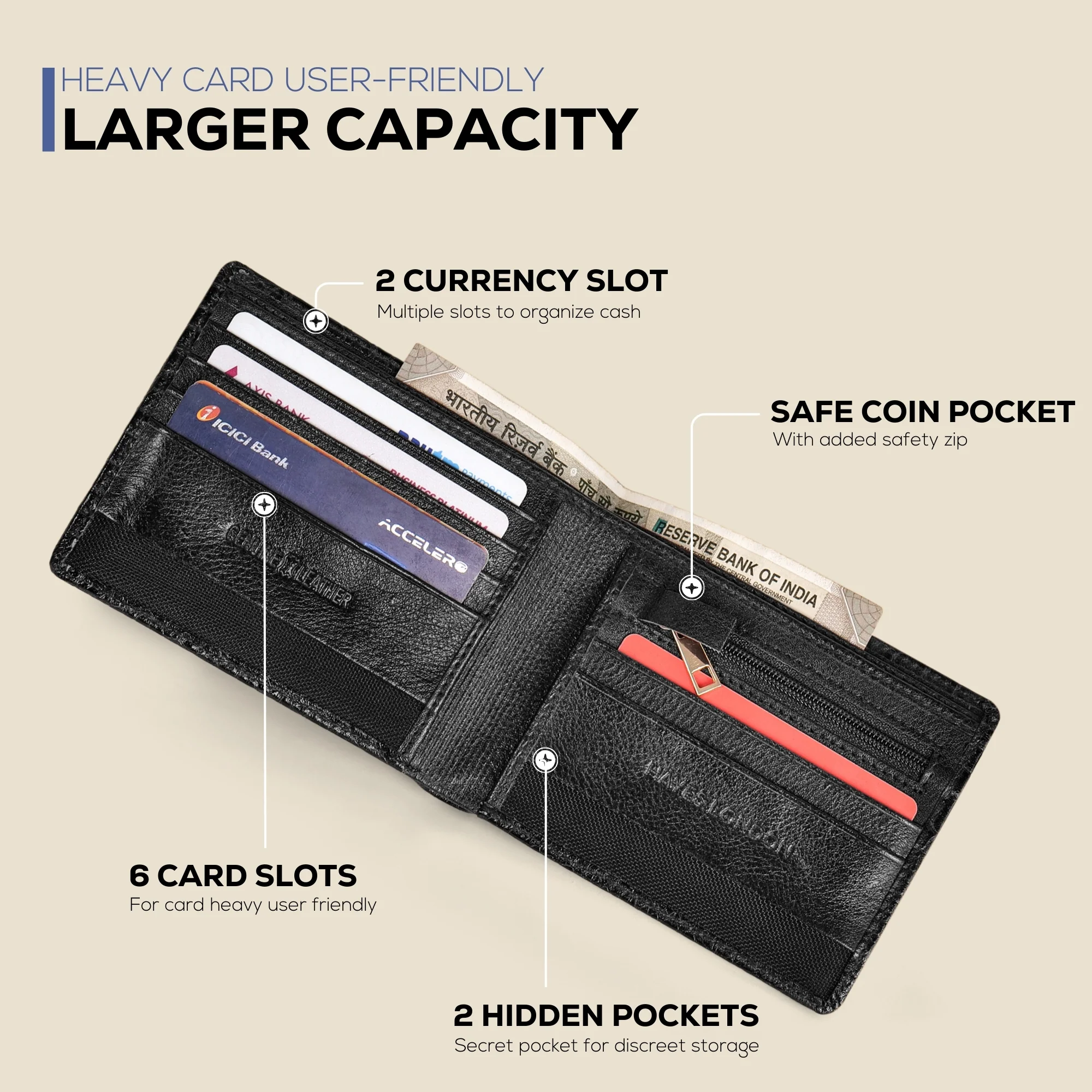 The Gator Black Genuine Leather Wallet for Men – RFID Blocking, Original Bifold Wallet with 8 Compartments - Image 3