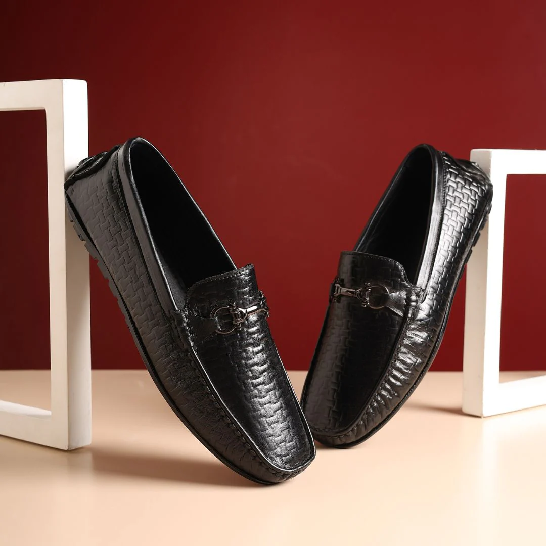 Torque Driving Loafers – Black Woven Embossed Genuine Leather Men’s Shoes - Image 10