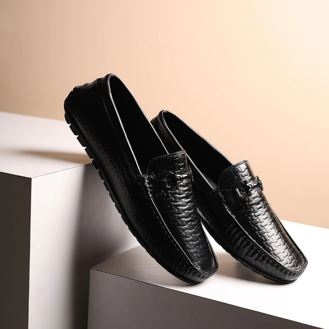 Torque Driving Loafers – Black Woven Embossed Genuine Leather Men’s Shoes - Image 11