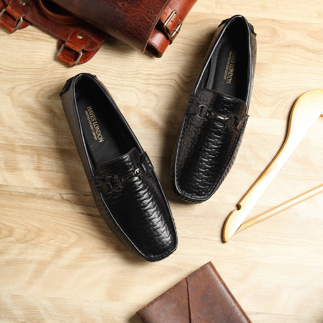 Torque Driving Loafers – Black Woven Embossed Genuine Leather Men’s Shoes - Image 12