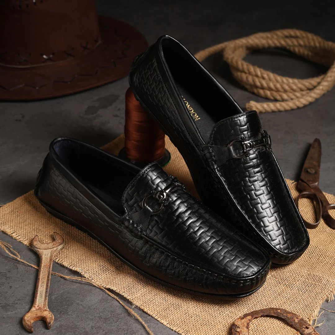 Torque Driving Loafers – Black Woven Embossed Genuine Leather Men’s Shoes - Image 13