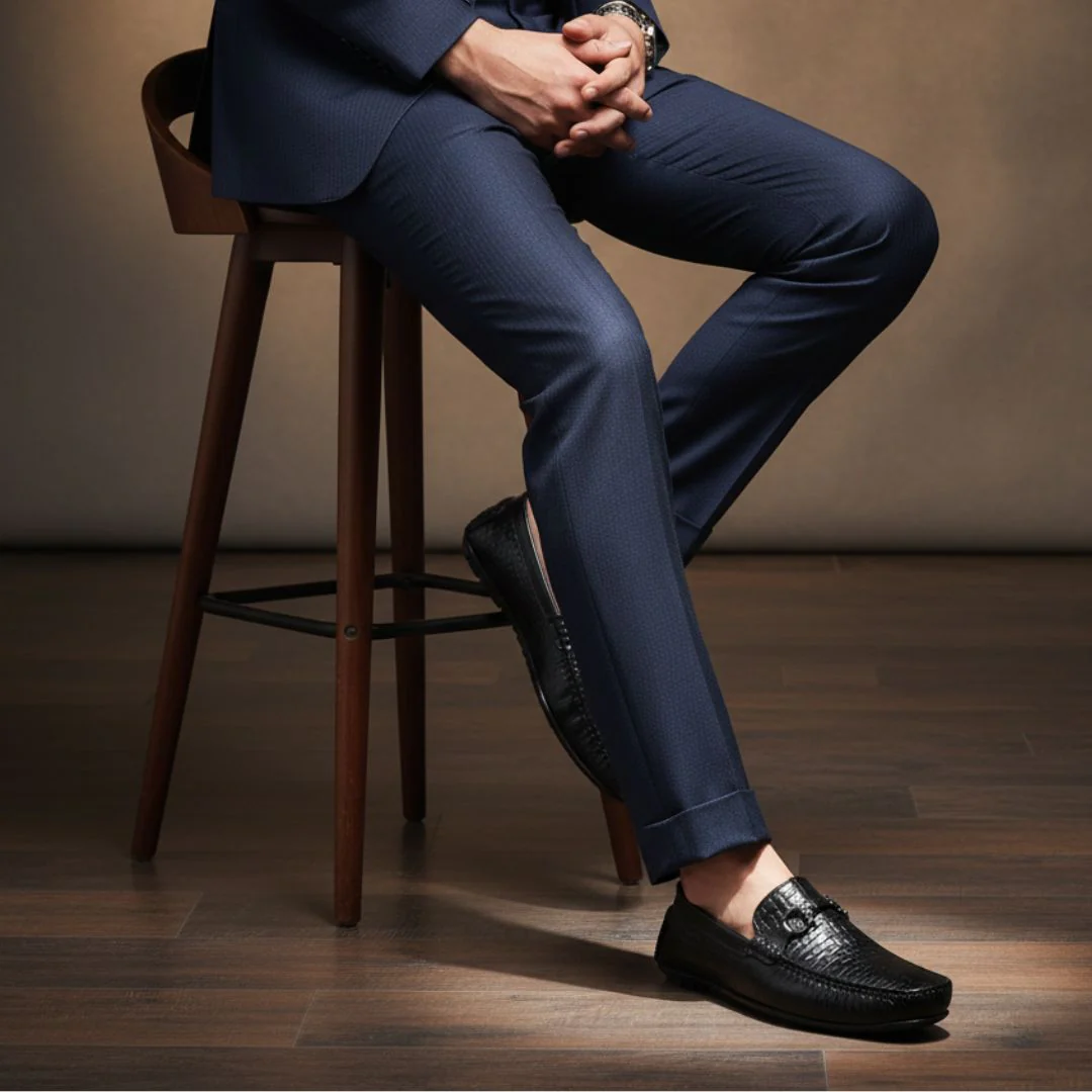 Torque Driving Loafers – Black Woven Embossed Genuine Leather Men’s Shoes - Image 3