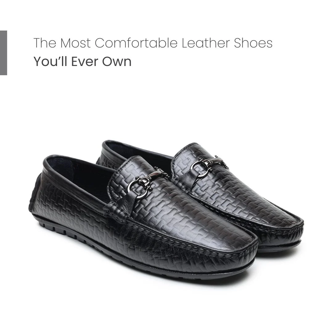 Torque Driving Loafers – Black Woven Embossed Genuine Leather Men’s Shoes - Image 4