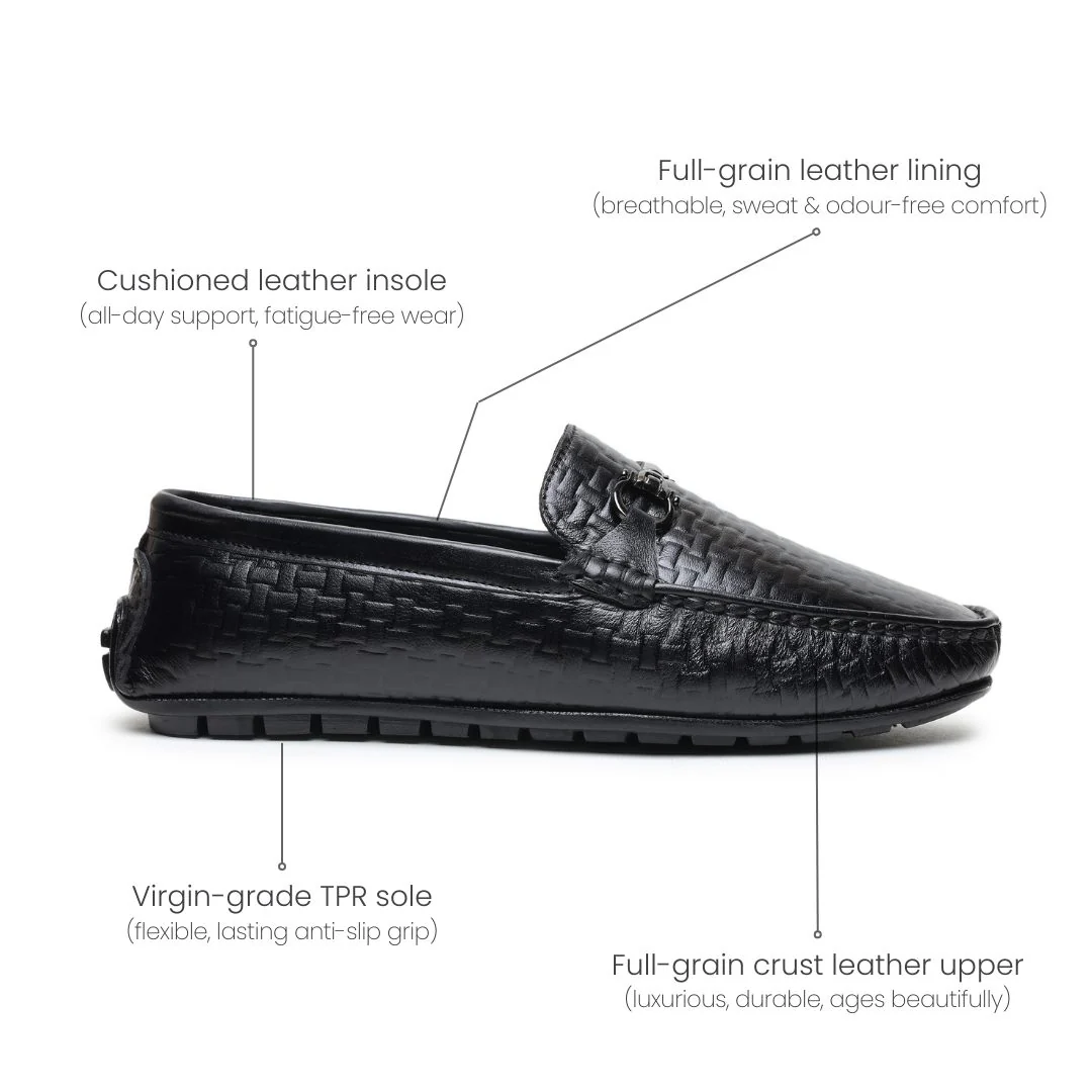Torque Driving Loafers – Black Woven Embossed Genuine Leather Men’s Shoes - Image 5