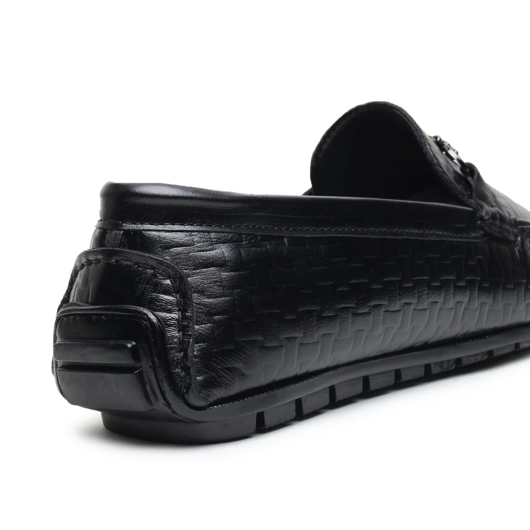 Torque Driving Loafers – Black Woven Embossed Genuine Leather Men’s Shoes - Image 7