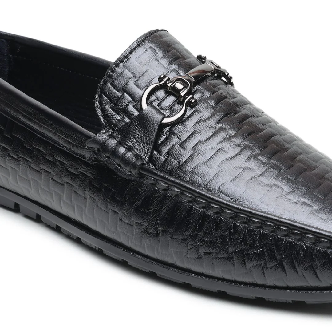 Torque Driving Loafers – Black Woven Embossed Genuine Leather Men’s Shoes - Image 8