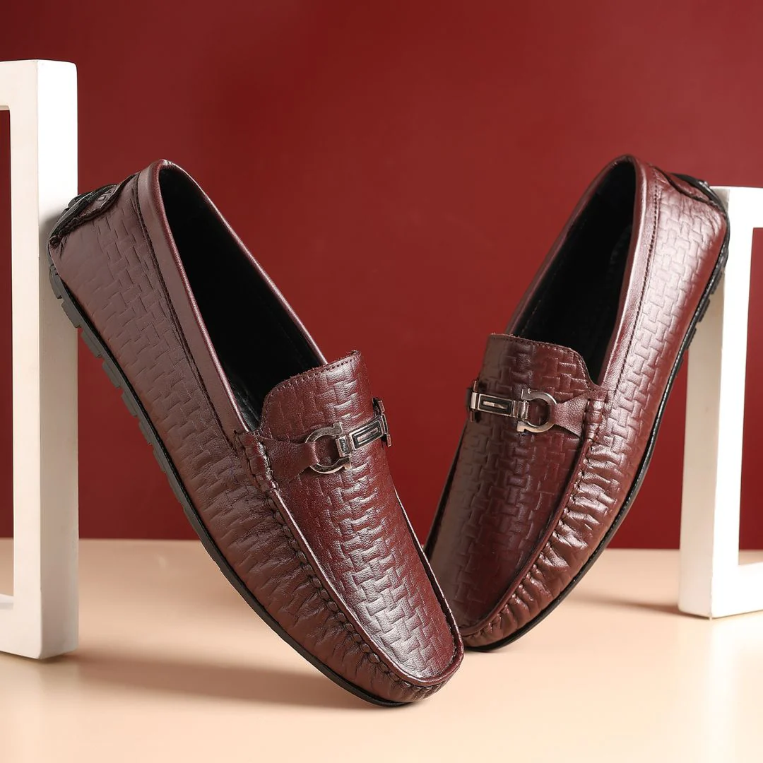 Torque Driving Loafers – Brown Woven Embossed Genuine Leather Men’s Shoes - Image 10