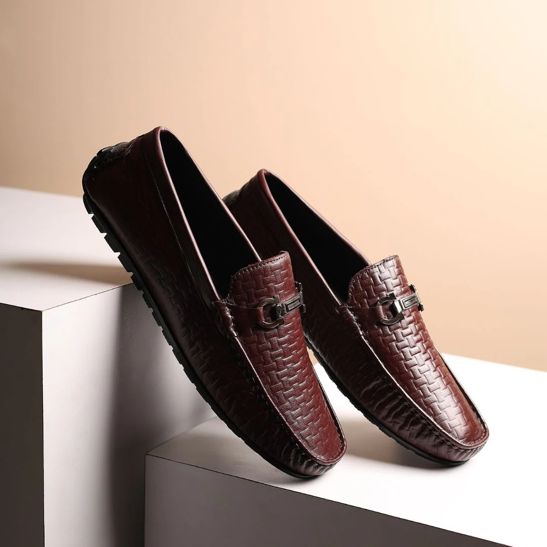 Torque Driving Loafers – Brown Woven Embossed Genuine Leather Men’s Shoes - Image 11
