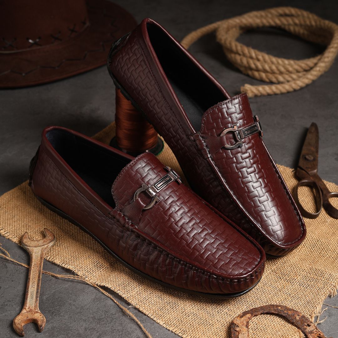 Torque Driving Loafers – Brown Woven Embossed Genuine Leather Men’s Shoes - Image 13