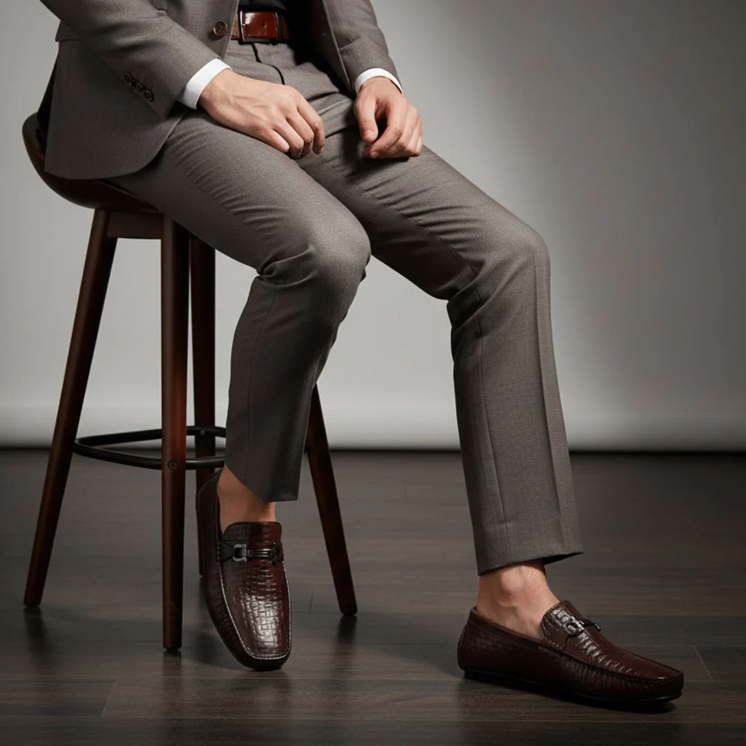 Torque Driving Loafers – Brown Woven Embossed Genuine Leather Men’s Shoes - Image 3