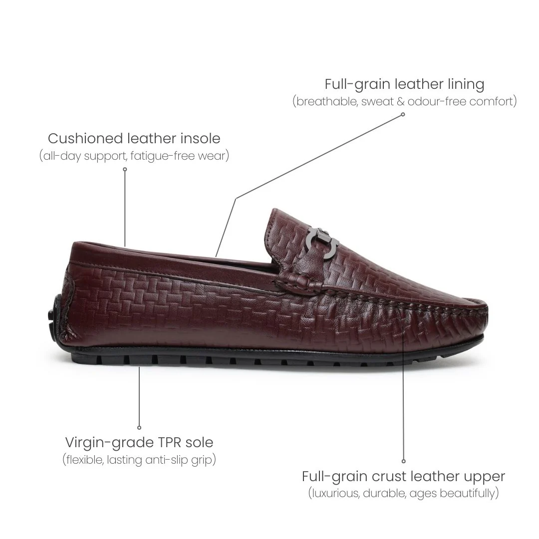 Torque Driving Loafers – Brown Woven Embossed Genuine Leather Men’s Shoes - Image 5