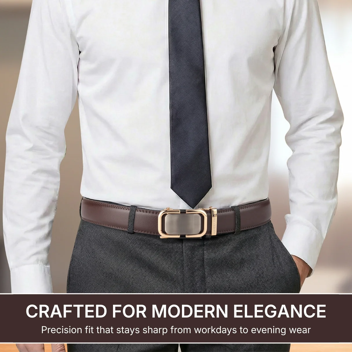 Vanguard Auto-Lock No-Hole Genuine Leather Belt for Men – Micro-Adjustable Smart Ratchet Belt for Formal & Business Wear (Brown with Gold Buckle) - Image 3