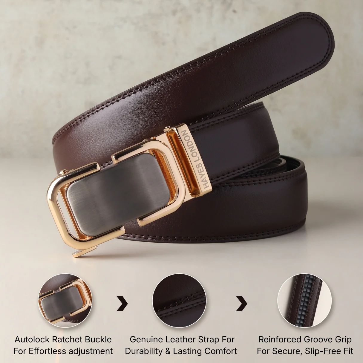 Vanguard Auto-Lock No-Hole Genuine Leather Belt for Men – Micro-Adjustable Smart Ratchet Belt for Formal & Business Wear (Brown with Gold Buckle) - Image 4