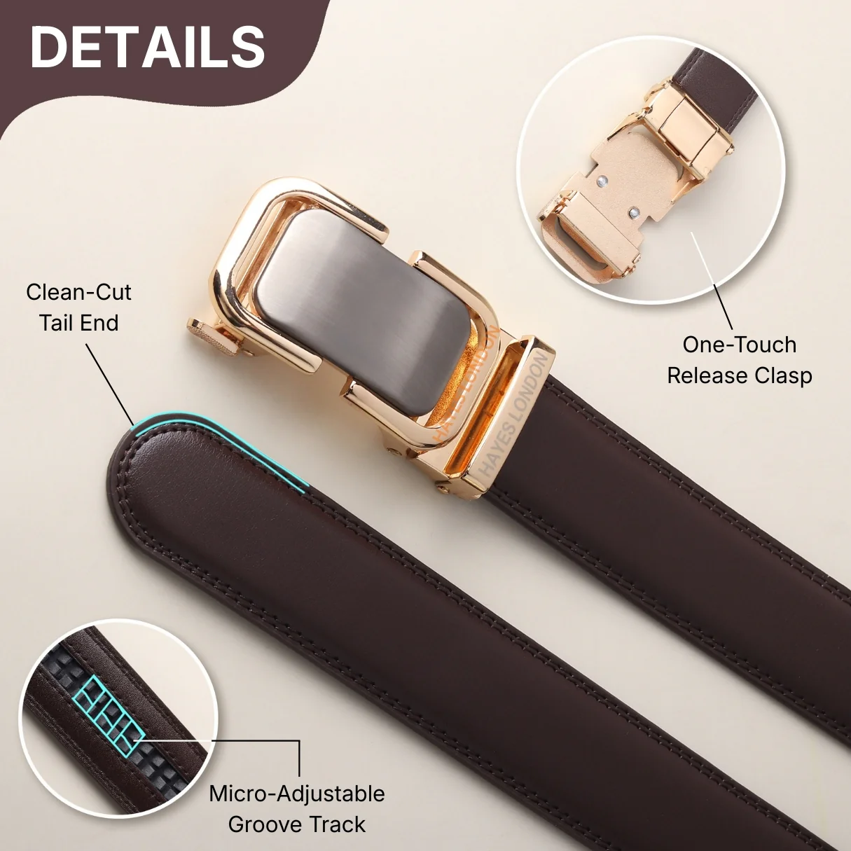 Vanguard Auto-Lock No-Hole Genuine Leather Belt for Men – Micro-Adjustable Smart Ratchet Belt for Formal & Business Wear (Brown with Gold Buckle) - Image 5