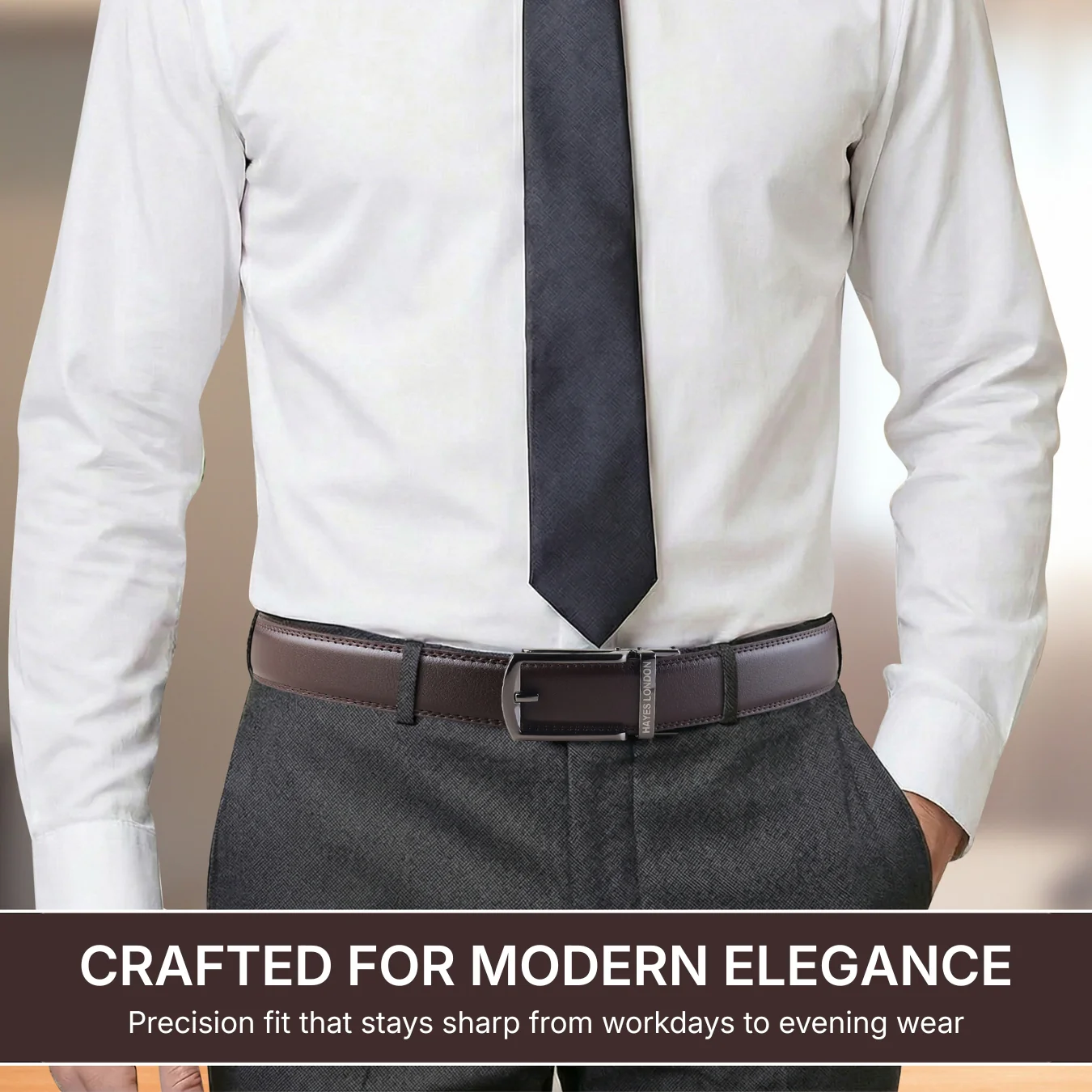 Vanguard Auto-Lock No-Hole Genuine Leather Belt for Men – Micro-Adjustable Smart Ratchet Belt for Formal & Business Wear (Brown with Grey Buckle) - Image 3